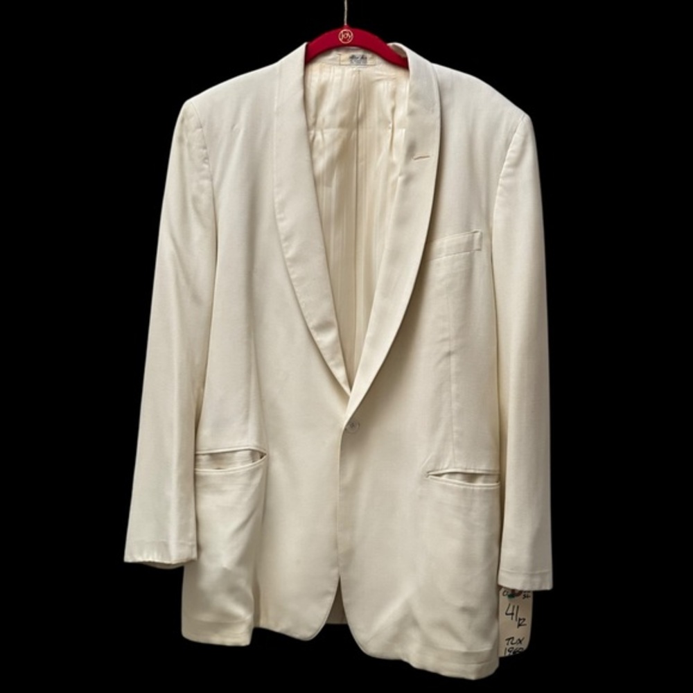 Vintage White 1960s Linen Dinner Jacket Shawl Collar Tuxedo Sz 41 Lounge Wedding